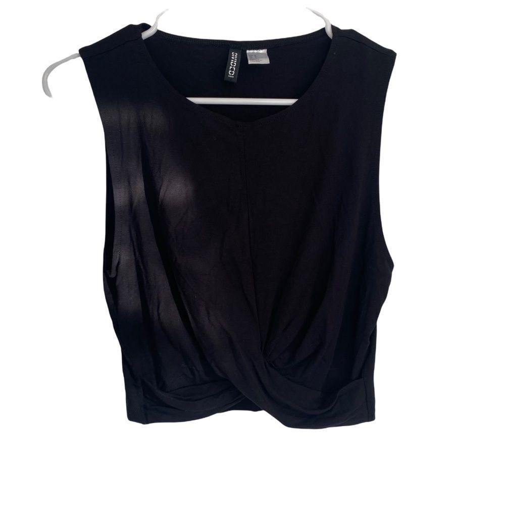 H&M Divided Tank Top‎ Womens Medium Black Twist Front Cropped Sleeveless Knit